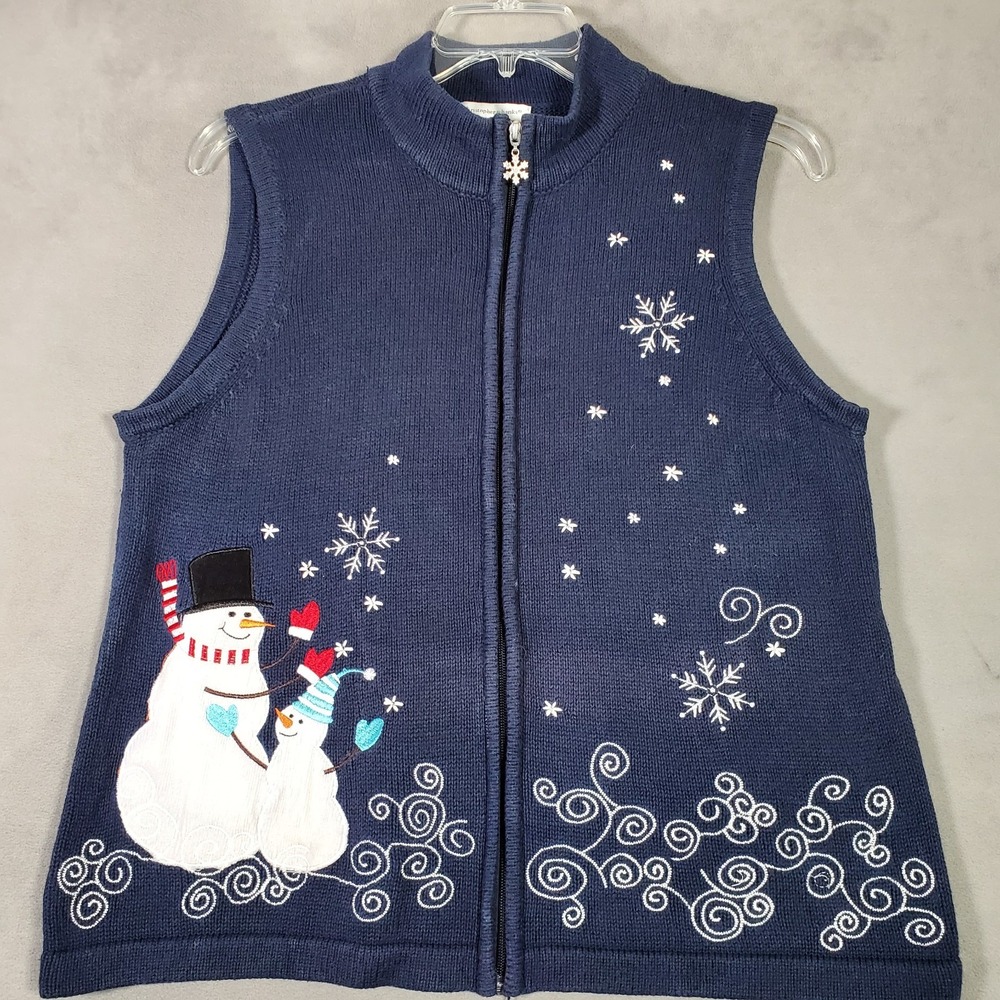 Christopher Banks Holiday Sweater Vest Womens XL Blue Snowmen Zip Up‎ Christmas